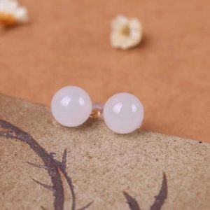 Certified Natural Nephrite White Jade Earrings: 18k Solid Gold, 8mm